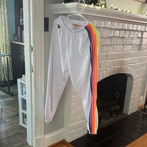 Aviator Nation White Joggers with Multicolor Stripe